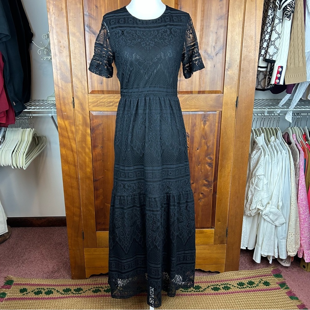 A dip of Darling Fairy Grunge Whimsigoth Black Lace Ruffle Tiered Maxi Dress